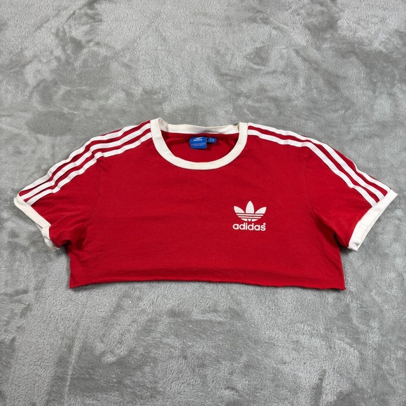 Vintage Adidas Ringer Shirt Crop Top Womens Small Red 3 Stripes Logo Customized - Picture 1 of 6